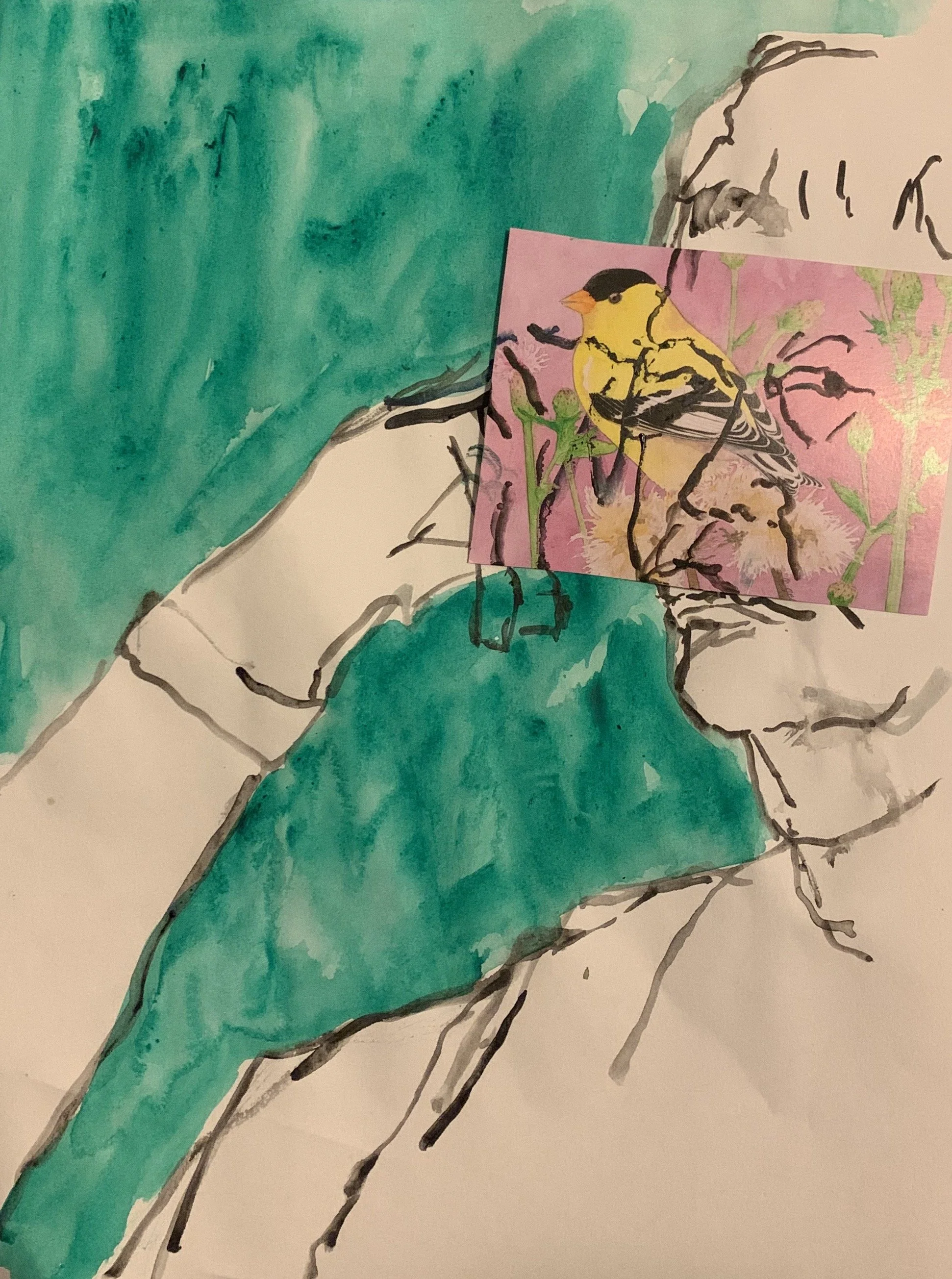"Old Bird." 2020. Paper and Watercolor-Collage. 8 x 11."