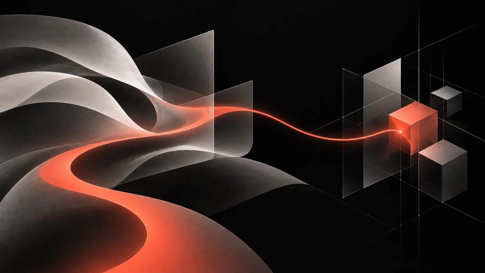 Abstract digital art with flowing white and orange lines, geometric shapes, and a dark background.
