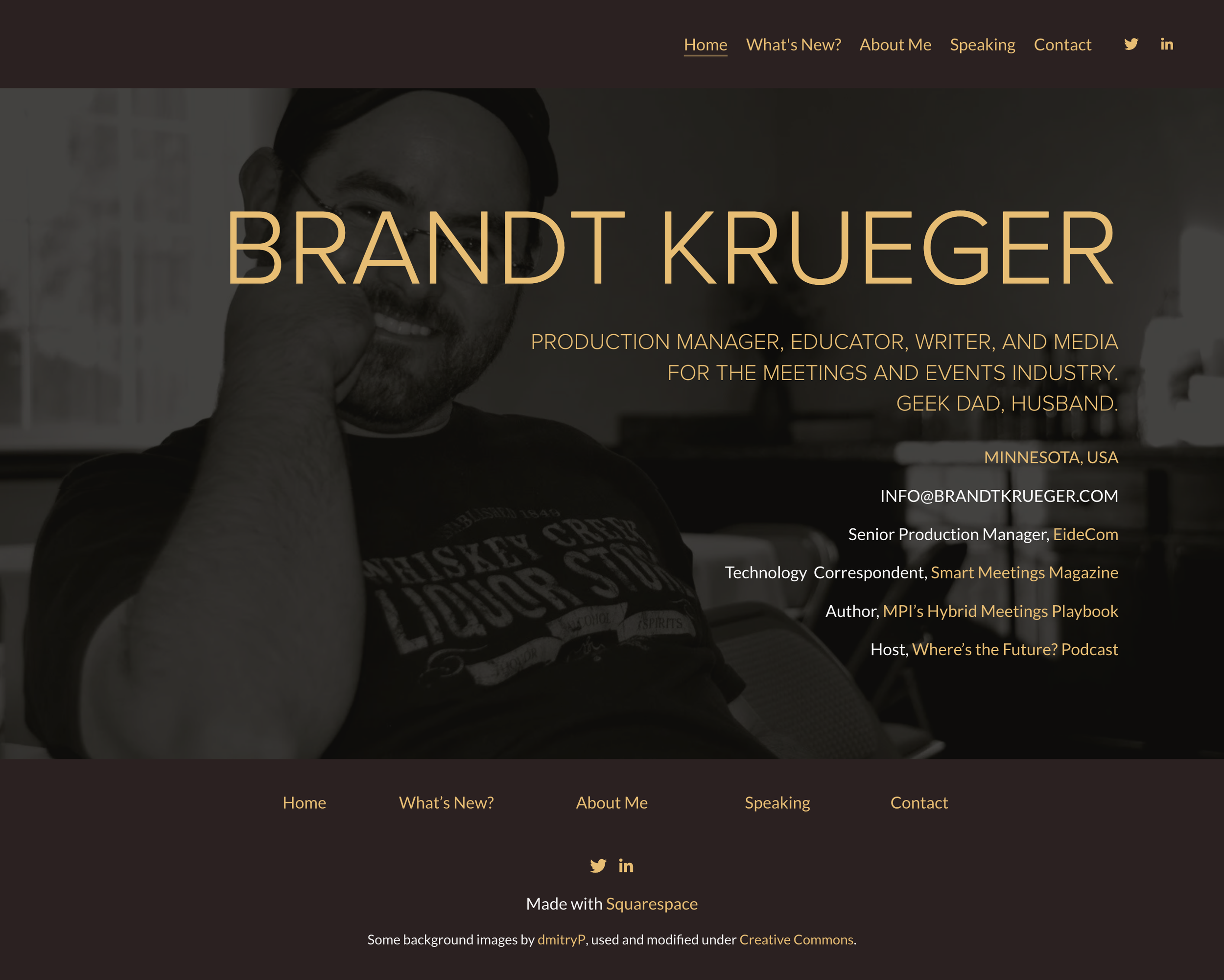 Homepage of a personal website for Brandt Krueger featuring a black-and-white photo of him smiling and talking on the phone, with navigation menu and contact information.