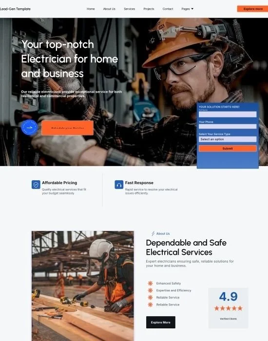 Homepage Lead-Gen Template home page for an electrician, with enquiry form and 4.9-star rating