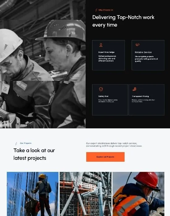 Lead-Gen Template page Black and white photo of two construction workers wearing safety helmets,