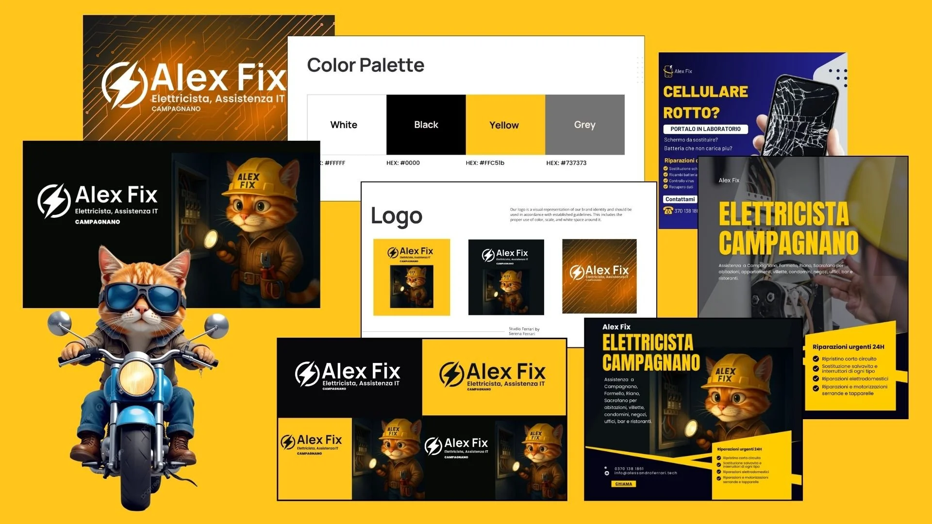 Collage of branding and marketing materials for Alex Fix, an electrical services business. Includes logos, color palette, and promotional posts featuring a cartoon cat and a cartoon mouse character. The background is yellow.