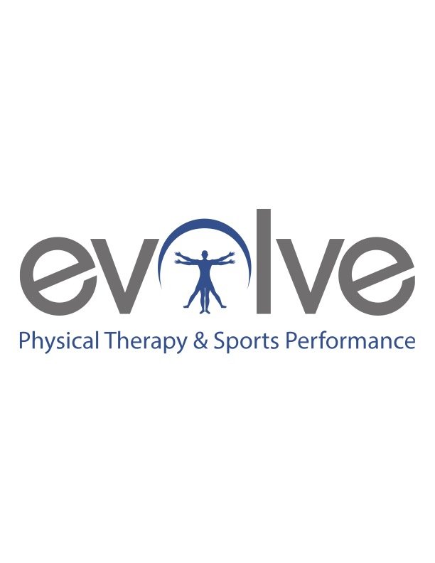 Logo for 'Evolve Physical Therapy & Sports Performance' with the word 'evolve' in gray and a blue human figure with outstretched arms inside the letter 'o'.