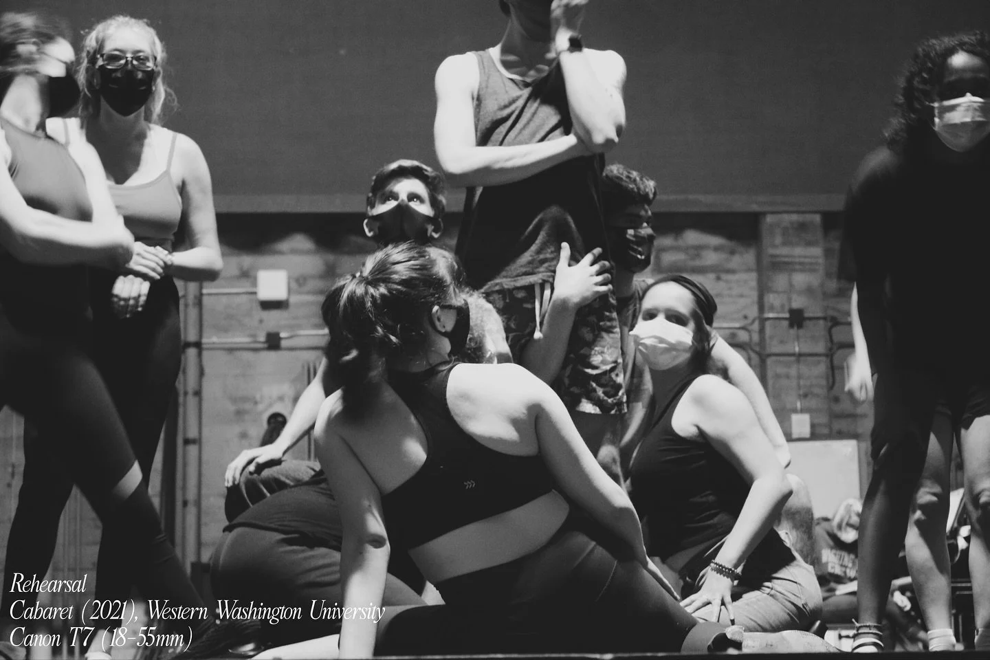 Theatre and photography are so important to me. Above are selections from my Visual Art portfolio for grad apps. 🫶🏻 Aghhh STORYTELLING IS SO FUCKING COOL! 

Image 1: A group of actors wearing masks hold their positions while in rehearsal for @weste