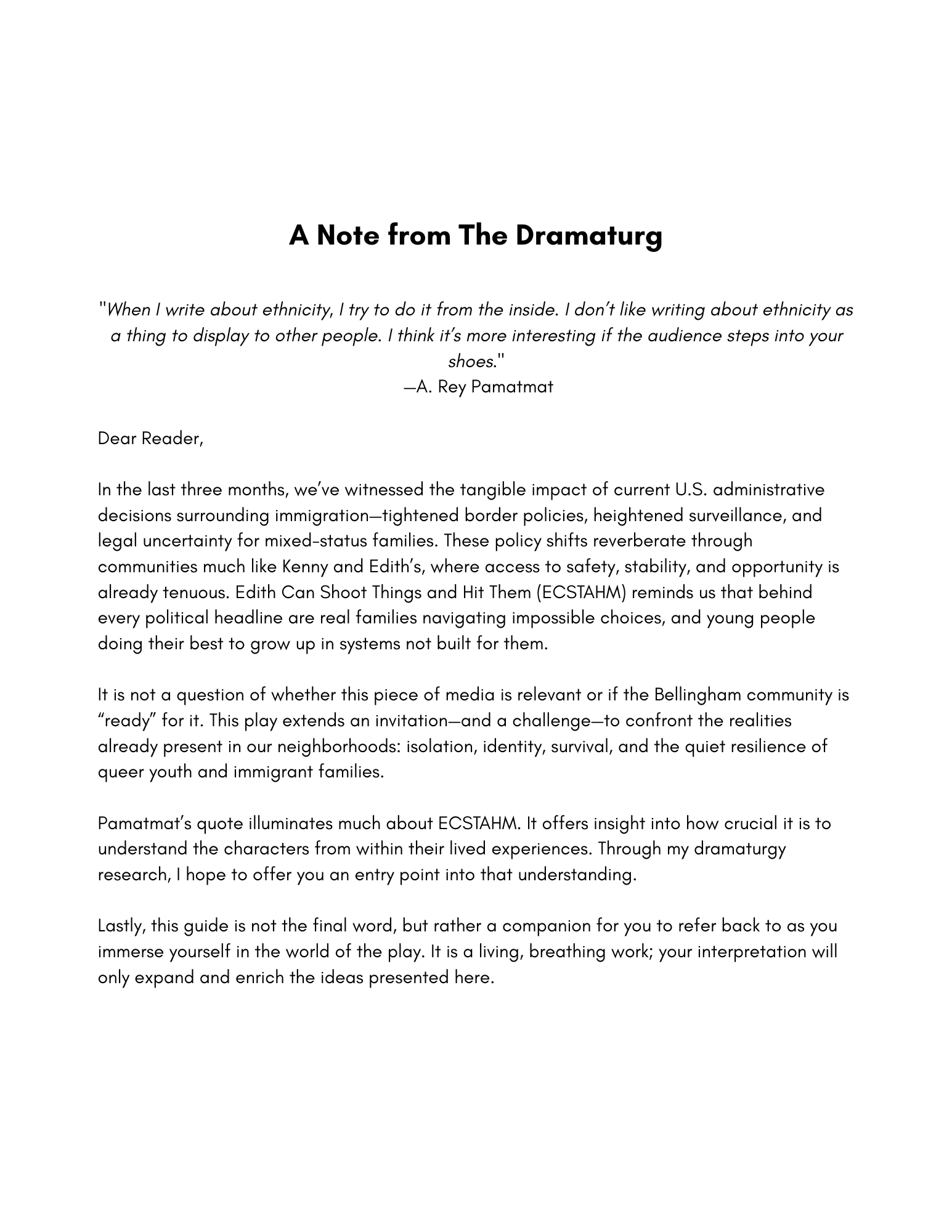Page of a printed letter titled 'A Note from The Dramaturg' with a quote about ethnicity and a paragraph discussing U.S. immigration policies and related themes.