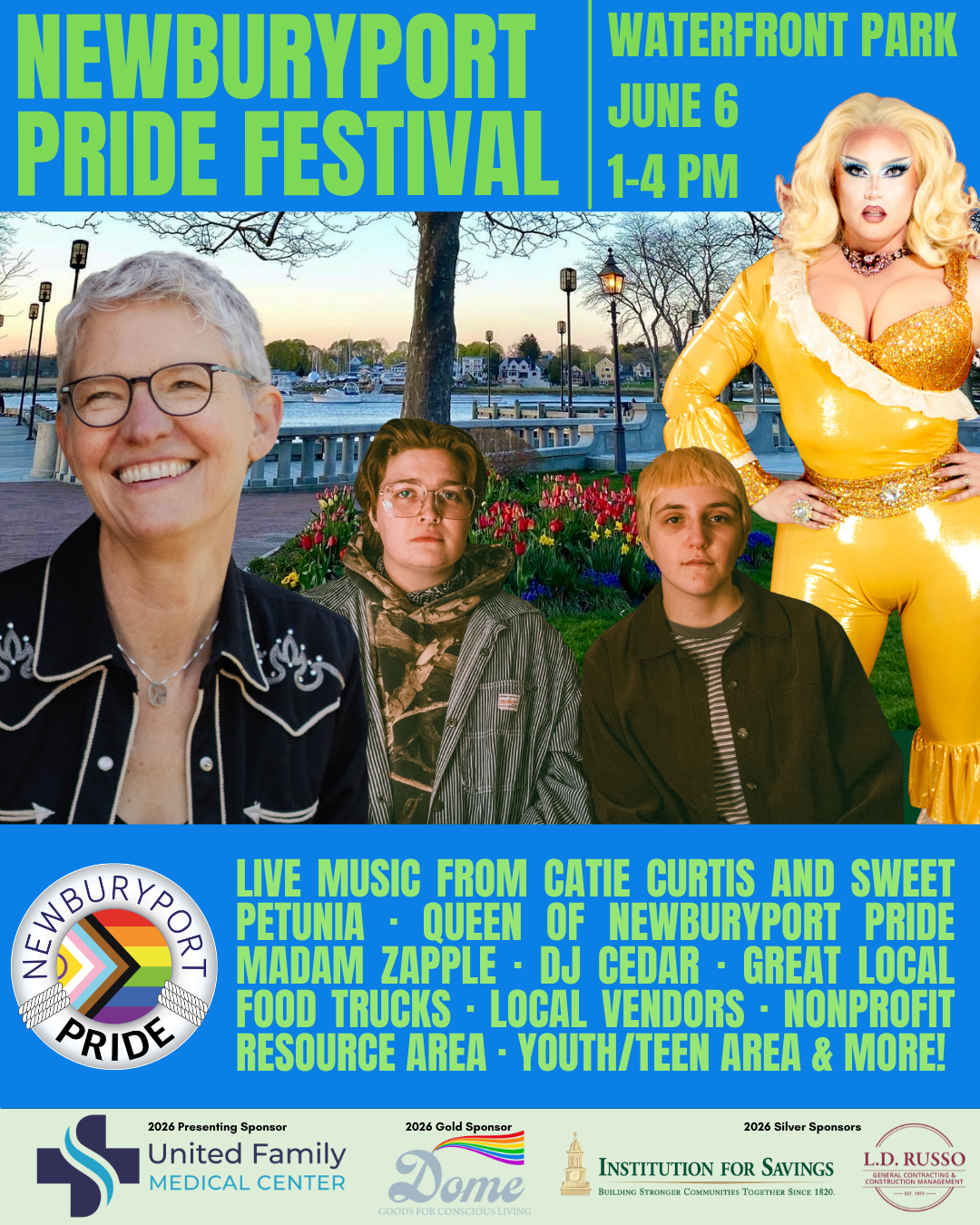 Flyer for Newburyport Pride Festival 2026 with images of Catie Curtis Sweet Petunia and Madam Zapple