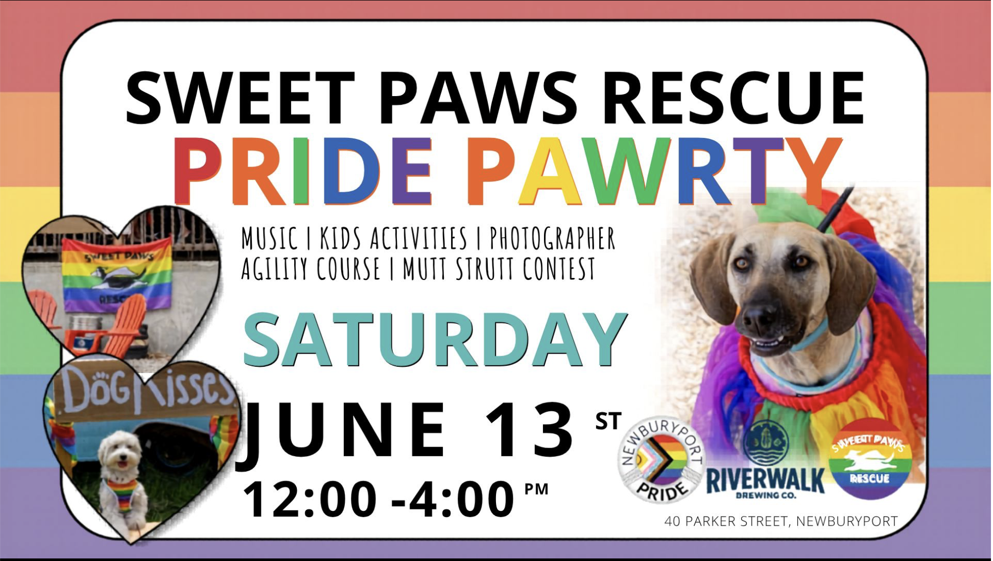 Flyer for Sweet Paws Pride Pawrty with photos of dogs and event details