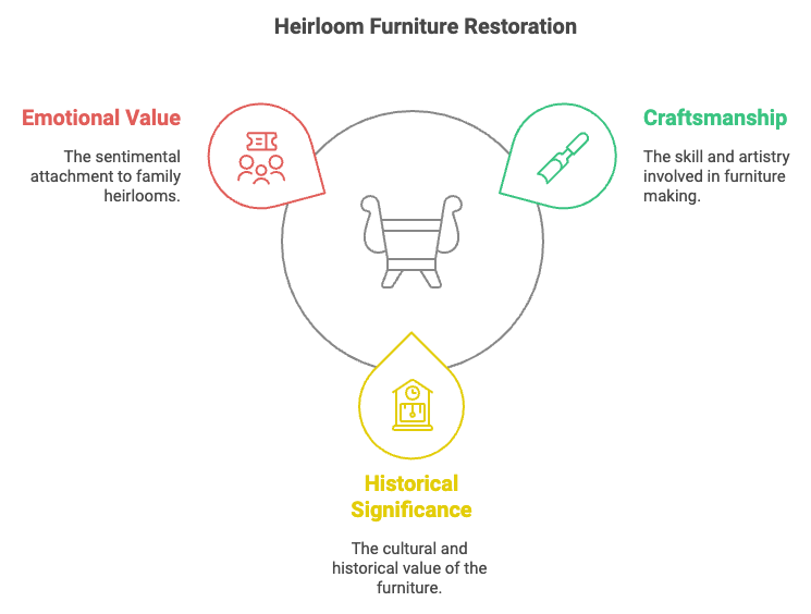 Diagram showcasing the benefits of heirloom furniture restoration, highlighting emotional value, craftsmanship, and historical significance as key factors in preserving family treasures.