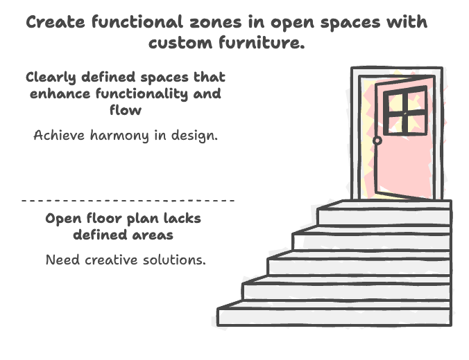 Illustration highlighting how custom furniture creates functional zones in open spaces with defined areas and creative solutions for flow and harmony.