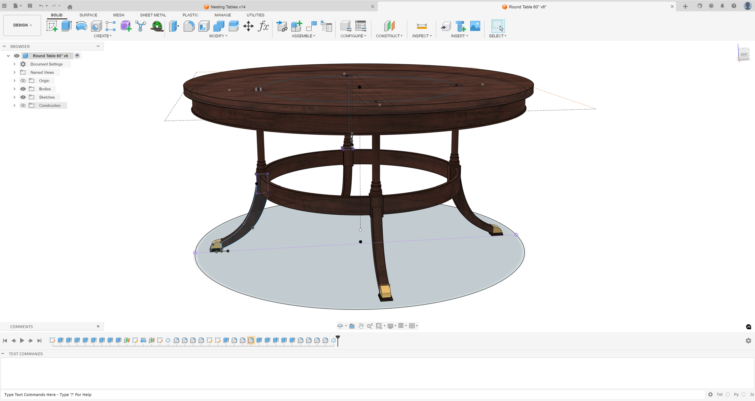 A 3D model of a wooden round table with a polished dark wood finish, featuring a central support column and a circular lower frame, rendered in a CAD software interface.