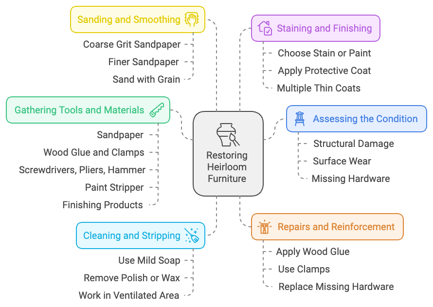 Step-by-step guide to restoring heirloom furniture, covering sanding and smoothing, staining and finishing, cleaning and stripping, assessing the condition, gathering tools, and making repairs and reinforcements.