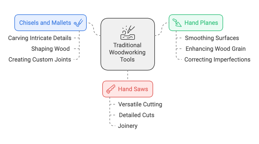 Diagram of traditional woodworking tools including chisels and mallets for carving, hand planes for smoothing, and hand saws for versatile cutting, with detailed descriptions of their uses.