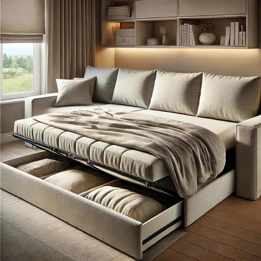 A modern convertible sofa with hidden storage, combining functionality and style for small living spaces.