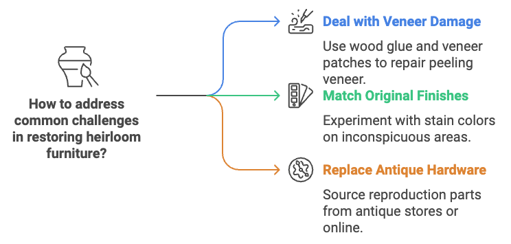 Diagram outlining solutions for common challenges in restoring heirloom furniture, including dealing with veneer damage, matching original finishes, and replacing antique hardware.