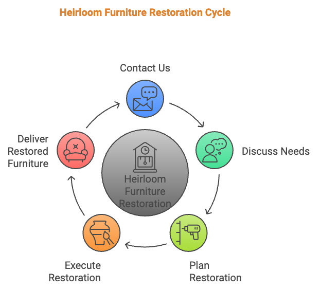 Visual diagram showing the heirloom furniture restoration cycle, including steps: contact us, discuss needs, plan restoration, execute restoration, and deliver restored furniture.