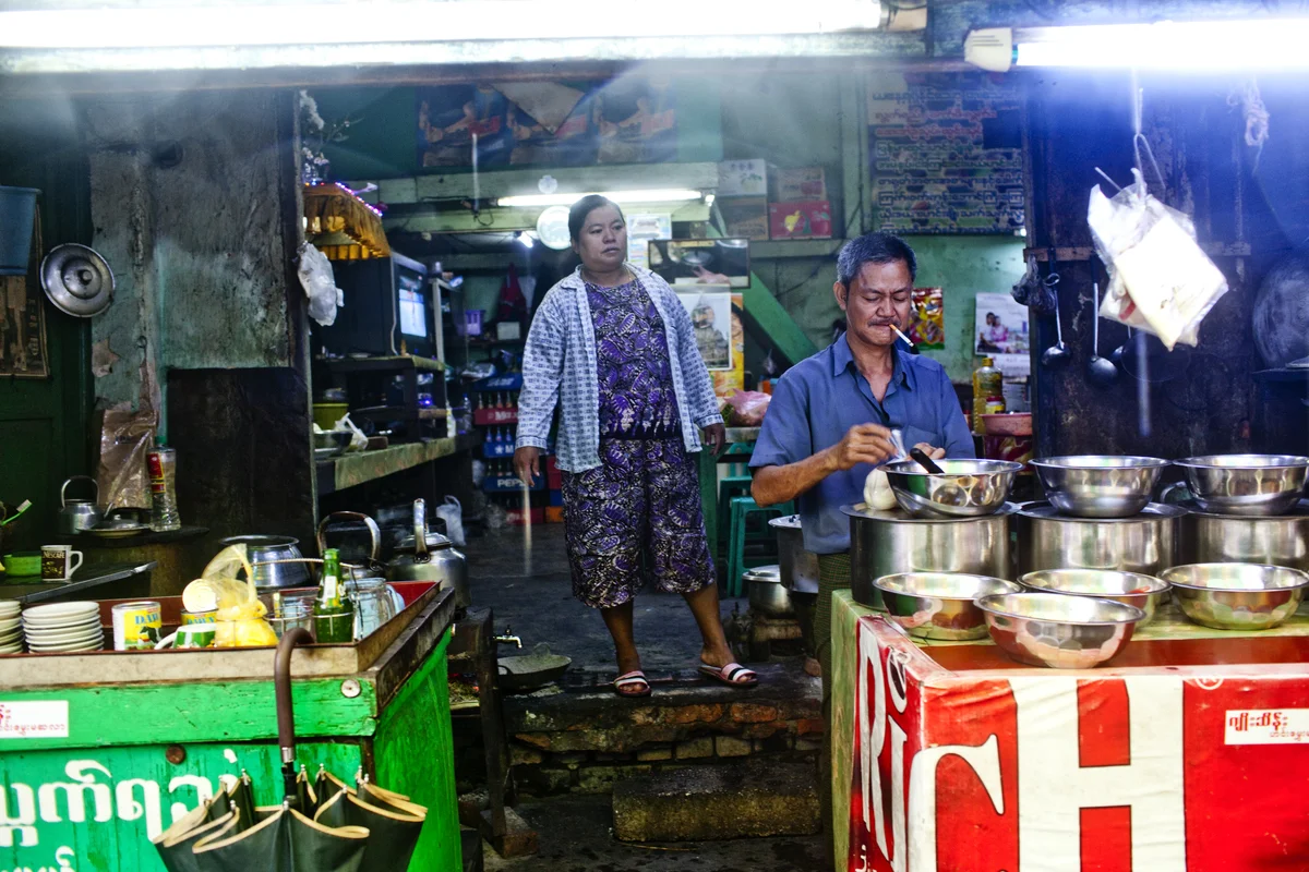  A view of a local restaurant in downtown Yangon. 
