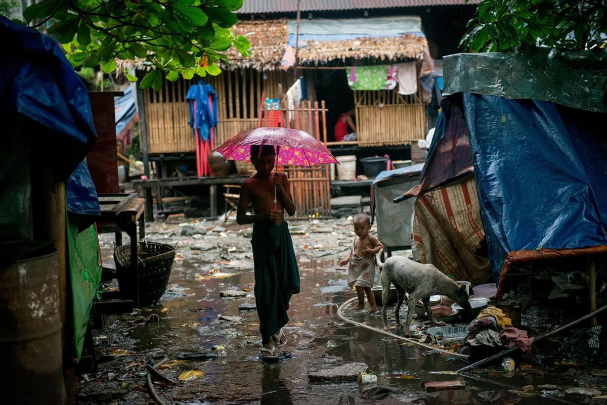  Slum area in Yangon on a rainy day. 