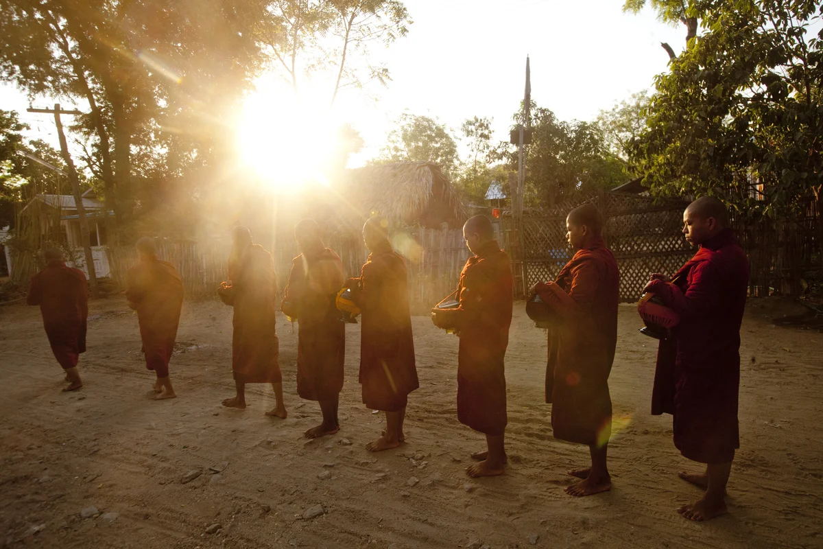  A group of novice monks pass through Bagan to collect offerings. 