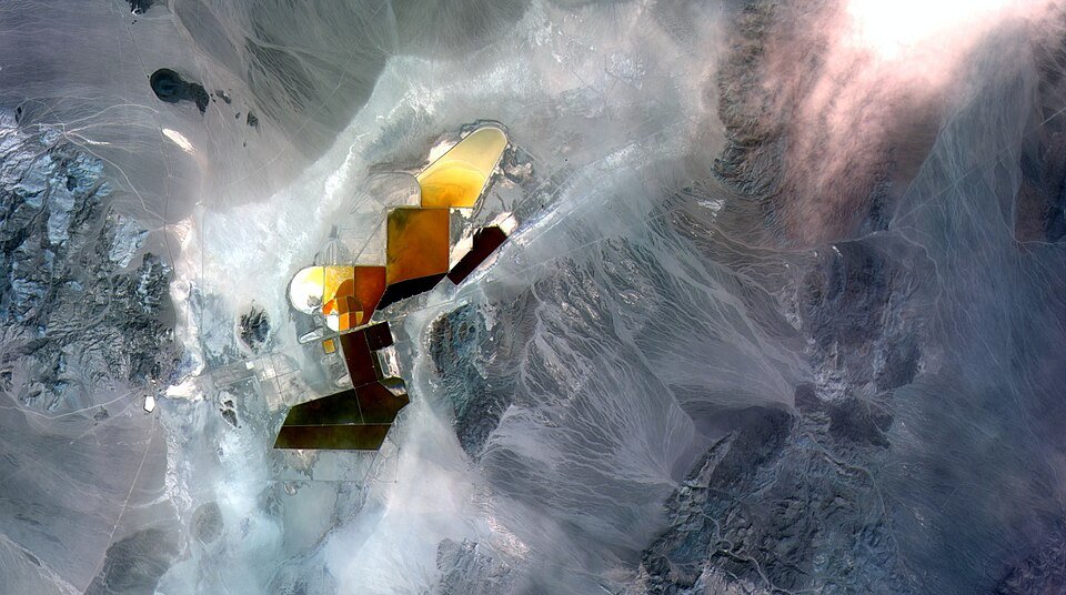 Lithium evaporation ponds at Silver Peak, Nevada, the only active U.S. lithium mine.