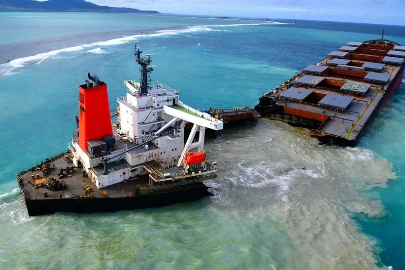Wakashio ship after running aground off Mauritius, causing oil spill. International Maritime Organization. CC BY 2.0.