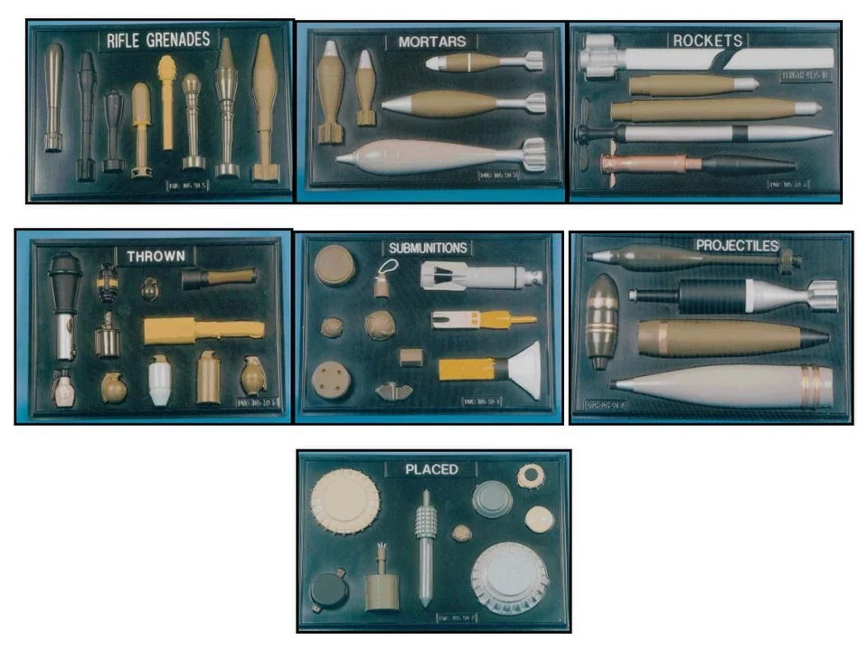 U.S. Army-made UXO recognition board set. UXO is usually found in various stages of degradation, rusty or broken into parts, all of which can still pose a threat. U.S. Army Alaska (USARAK), Fort Richardson. CC0. 