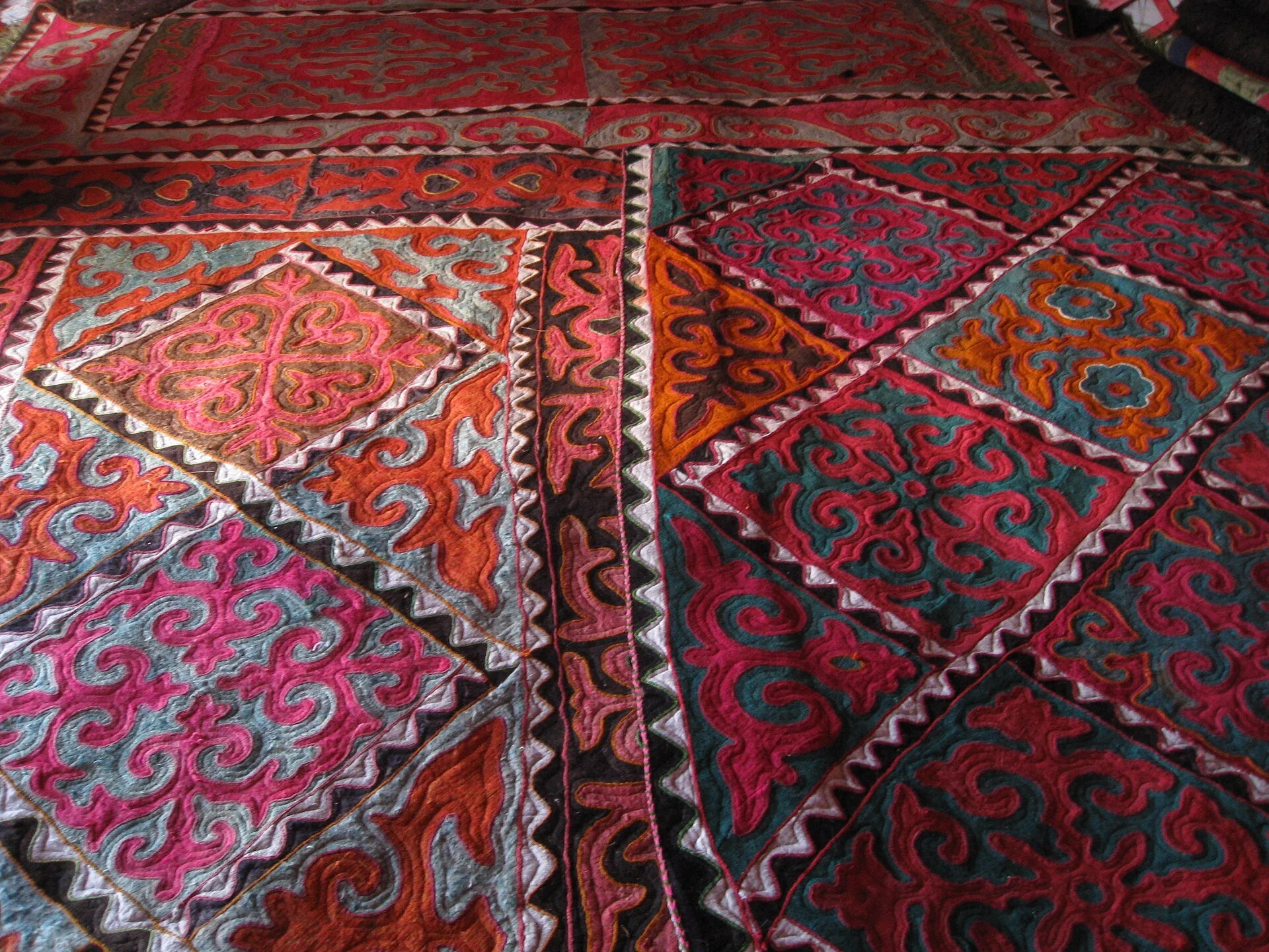 Traditional felt rugs inside a Kyrgyz yurt.