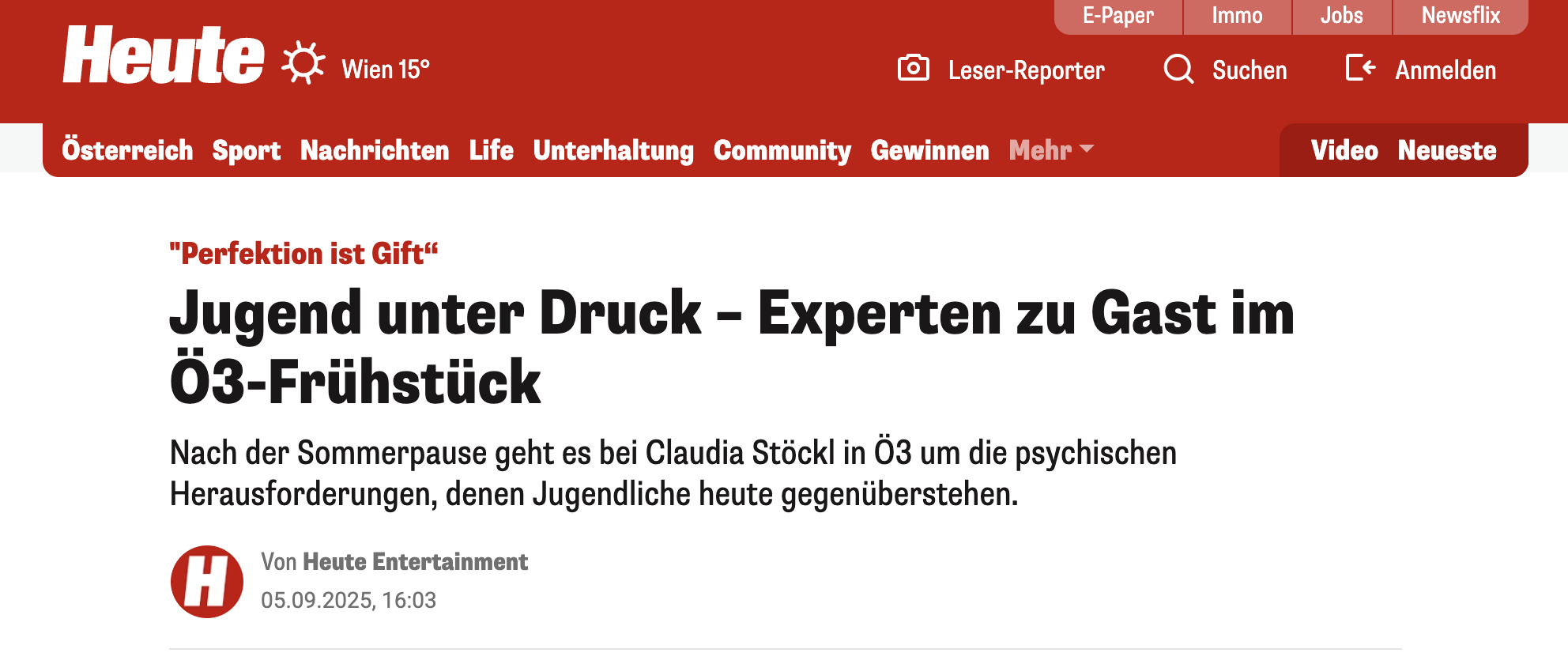 Jugend unter Druck – Experten zu Gast im Ö3-Frühstück