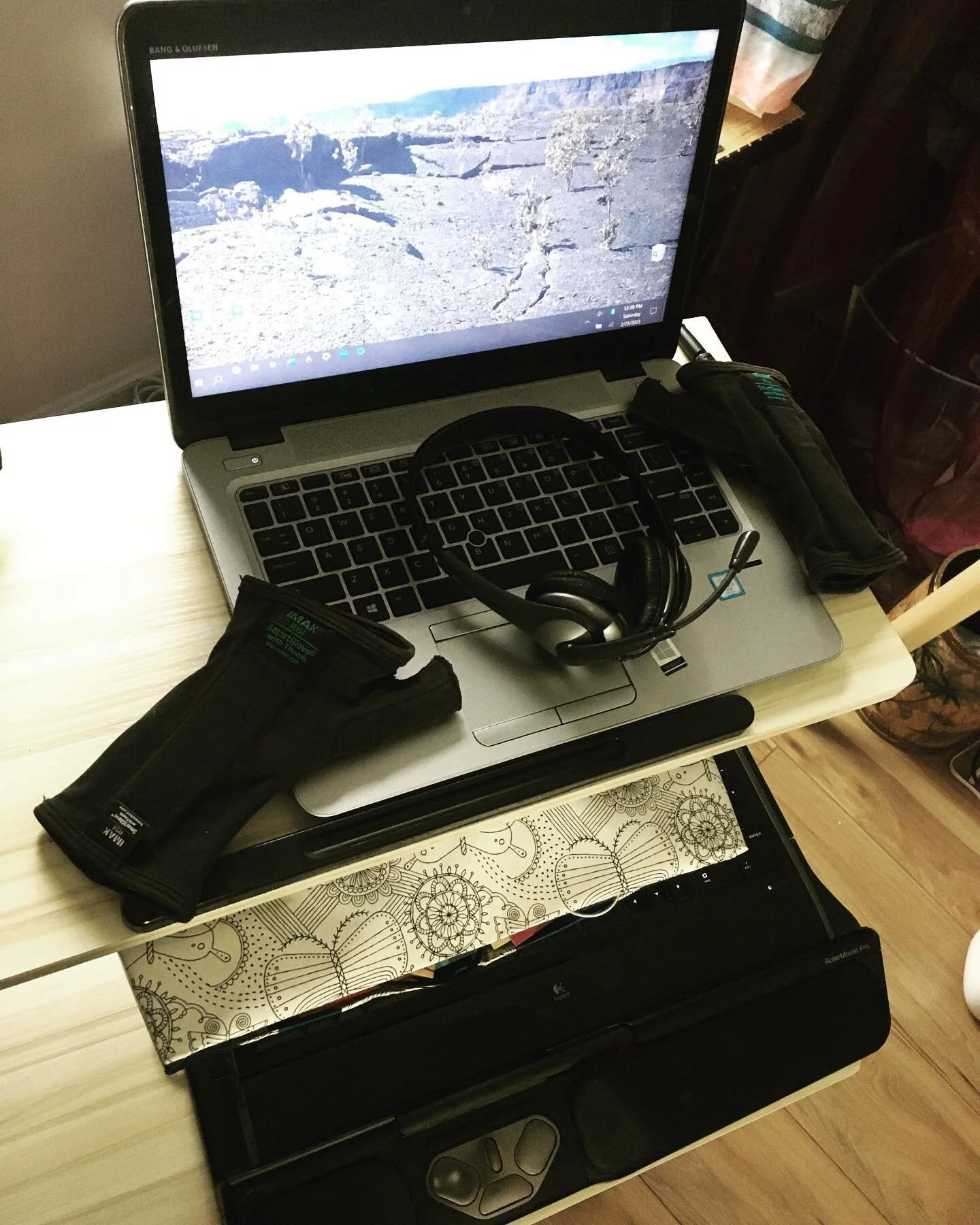 This was my old computer setup for tendinitis and carpal tunnel for 10 years: dictation, wrist braces, always trying different keyboards and mice. I just kept pushing, trying to make it work, through so much frustration; I just wanted to be able to u