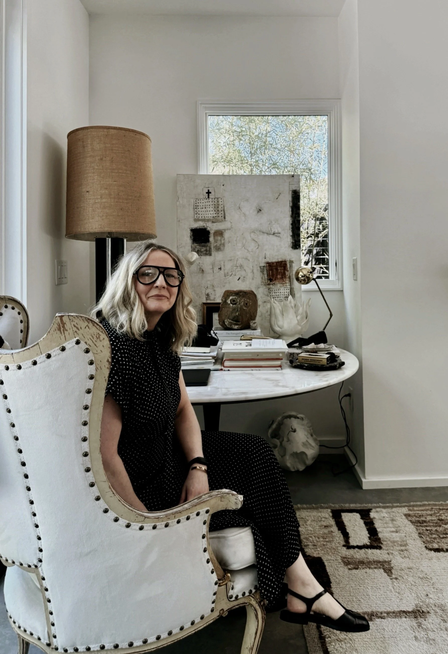 artist and psychotherapist michel van devender in her modern home with her art
