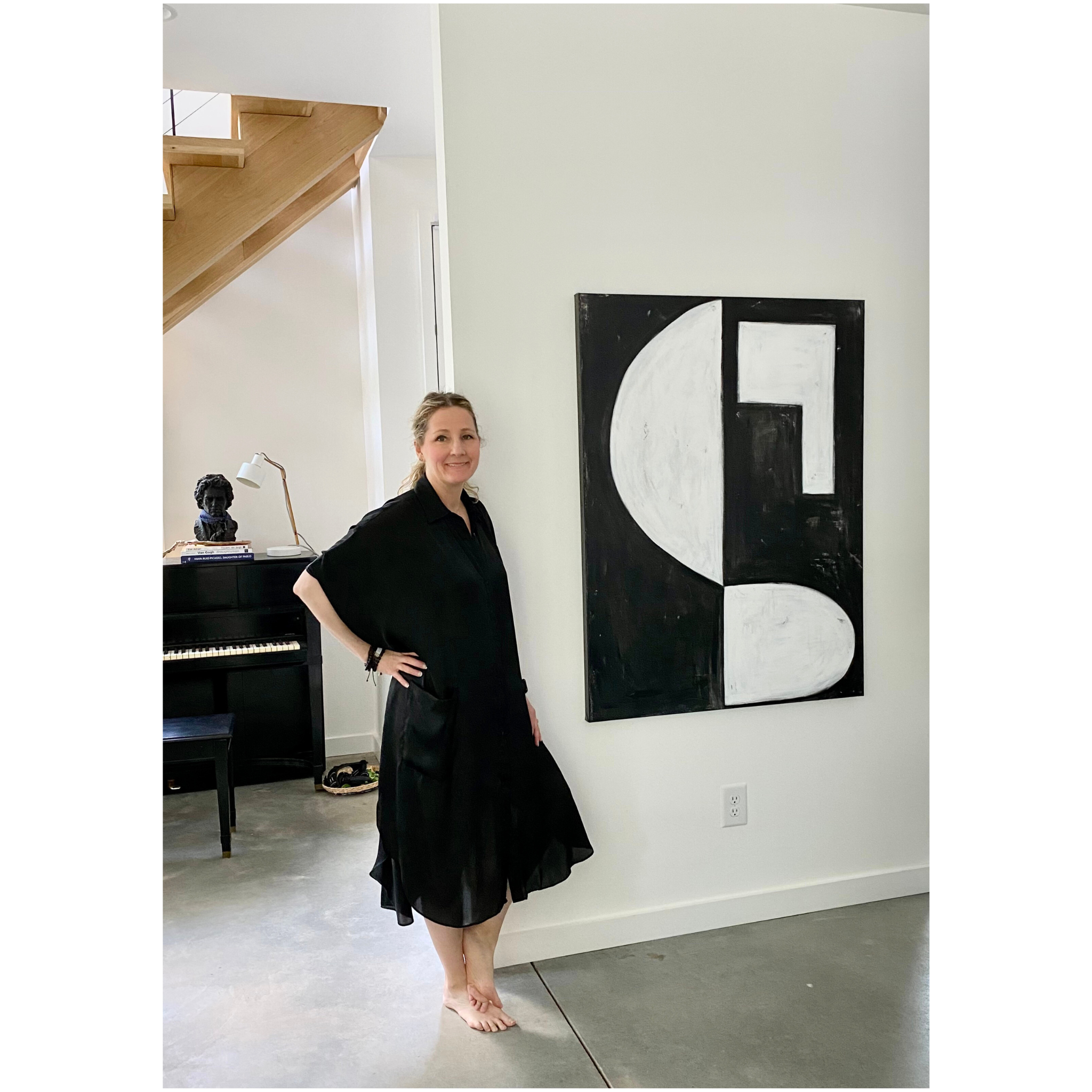 Artist and Designer Michel Van Devender with Her Abstract Artwork | THE GROUNDED DREAMER | Original black and white abstract painting on canvas.