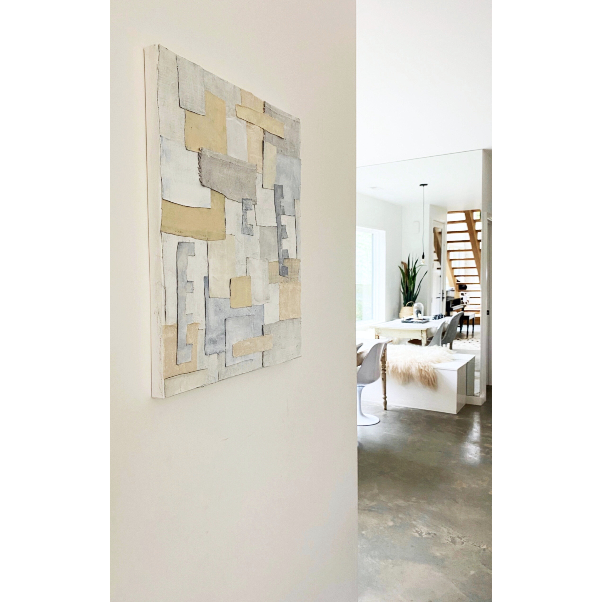 Textile Collage Art by Michel Van Devender | SPIRITUAL CONNECTIONS | Neutral, abstract collage art for the home.