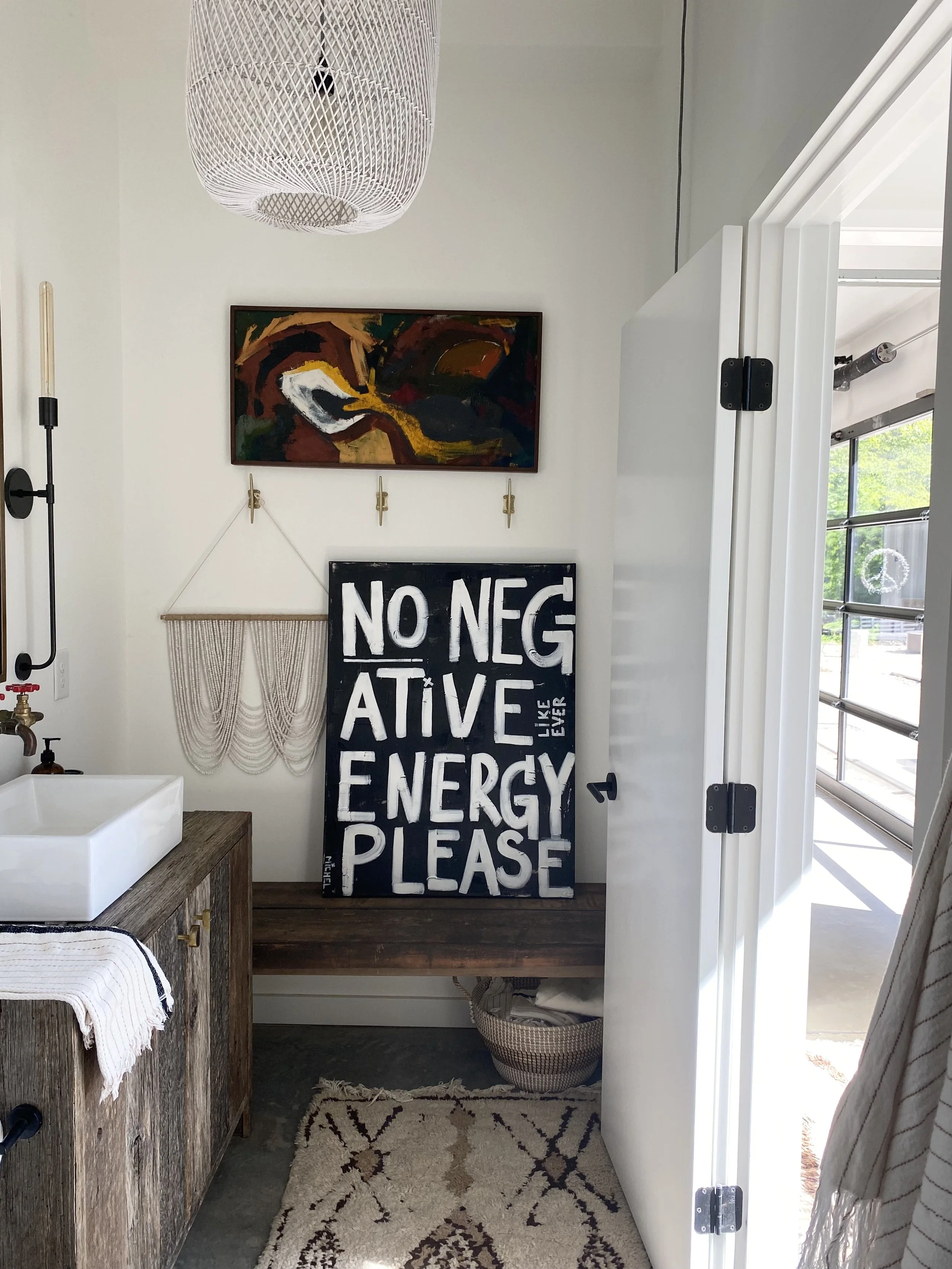 Contemporary Artist Michel Van Devender | NO NEGATIVE ENERGY PLEASE | Black and White Mixed Media Word Art on Canvas