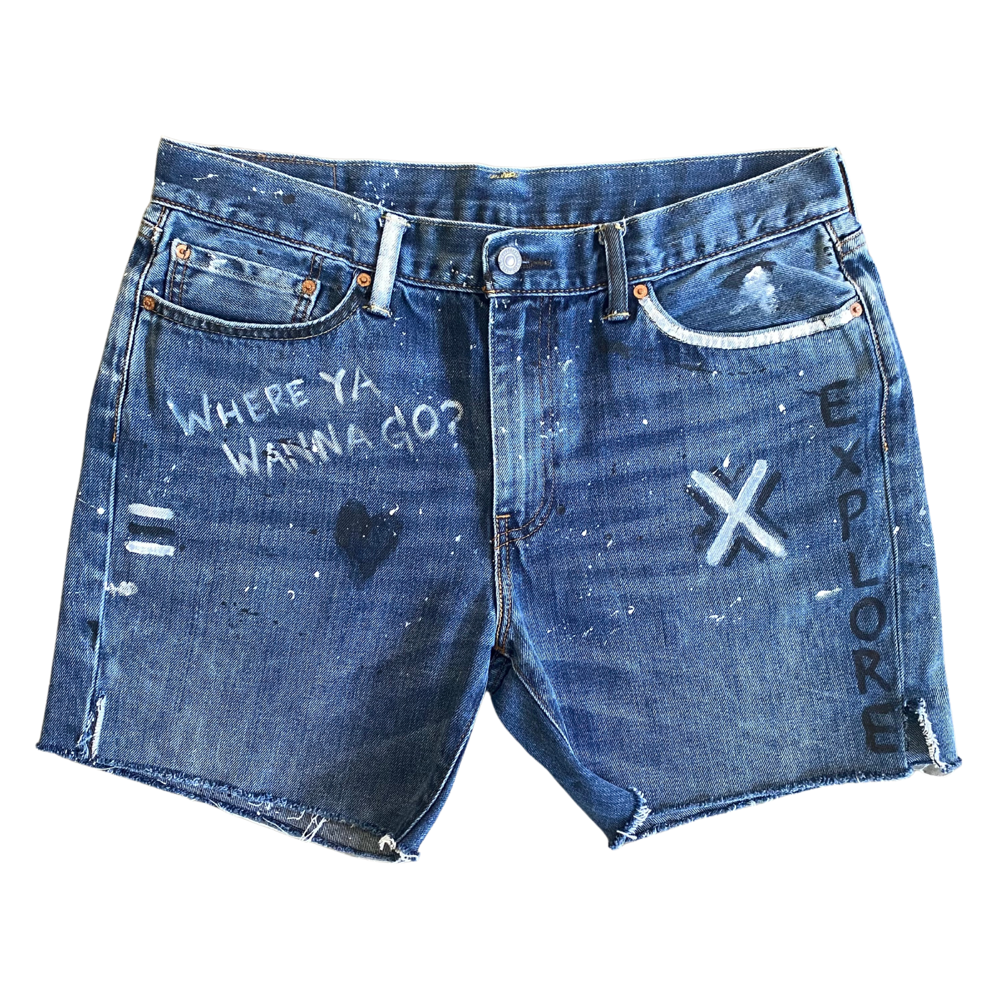 Wearable Art by Michel Van Devender.  Custom designed denim. Hand-painted, upcycled Levi’s 514 cut-off jean shorts.  Zip-fly straight fit, regular rise, darker faded blue wash.
