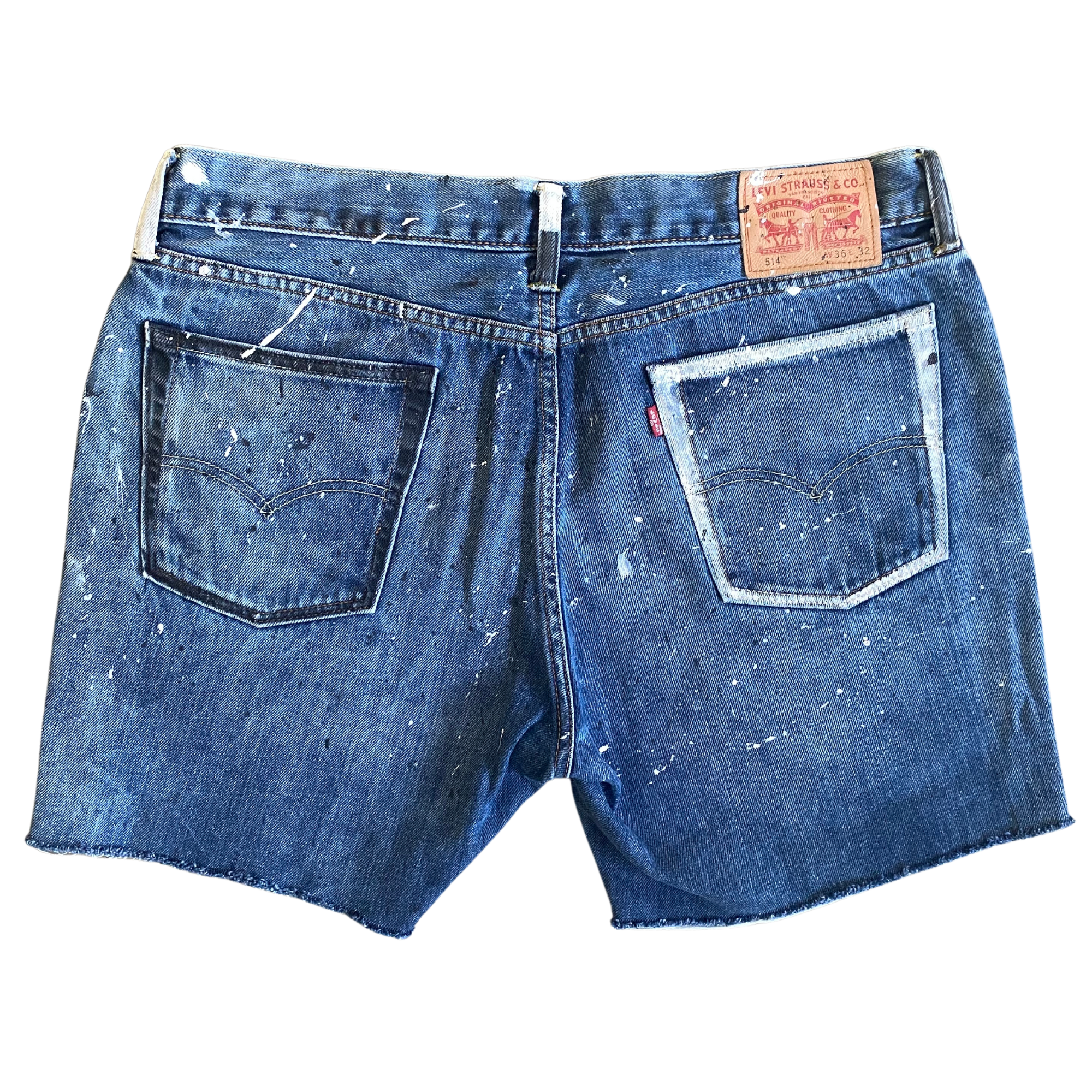 Wearable Art.  Custom designed, hand-painted, upcycled Levi’s 514 cut-off jean shorts.  Zip-fly straight fit, regular rise, darker faded blue wash.