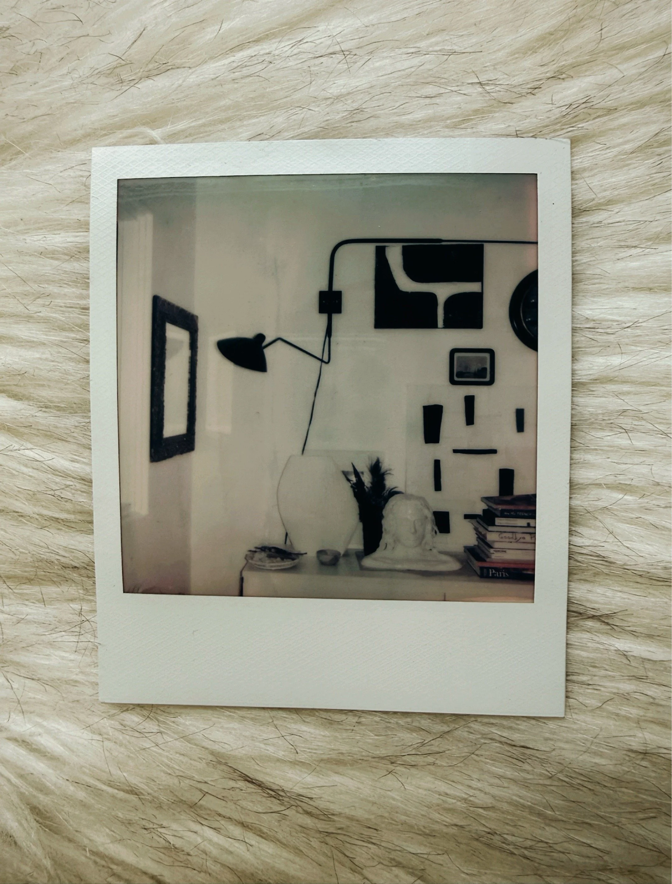 Polaroid photograph of a quiet interior room with black abstract wall art, a sculptural lamp, books and a white bust