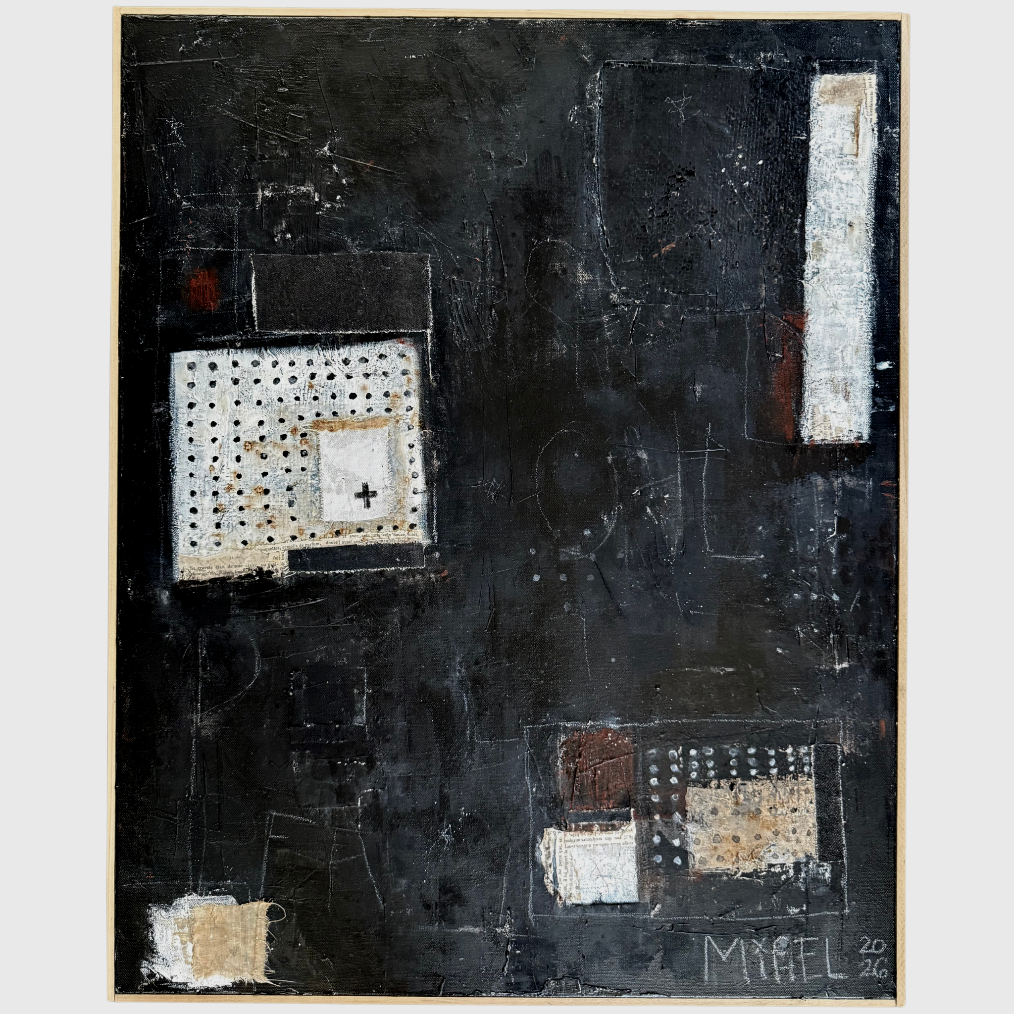 Michel Van Devender's abstract mixed media painting Saints and Sinners, featuring layered black paint, textile collage, stitched grid patterns, a cross mark, and raw canvas elements on a dark ground, signed Michel 2026