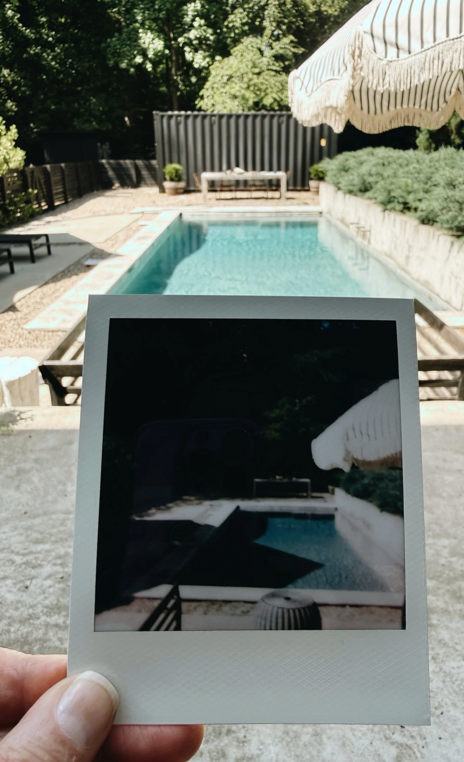 Polaroid photograph held up against a backyard pool, the dark underexposed image contrasting with the bright scene behind it