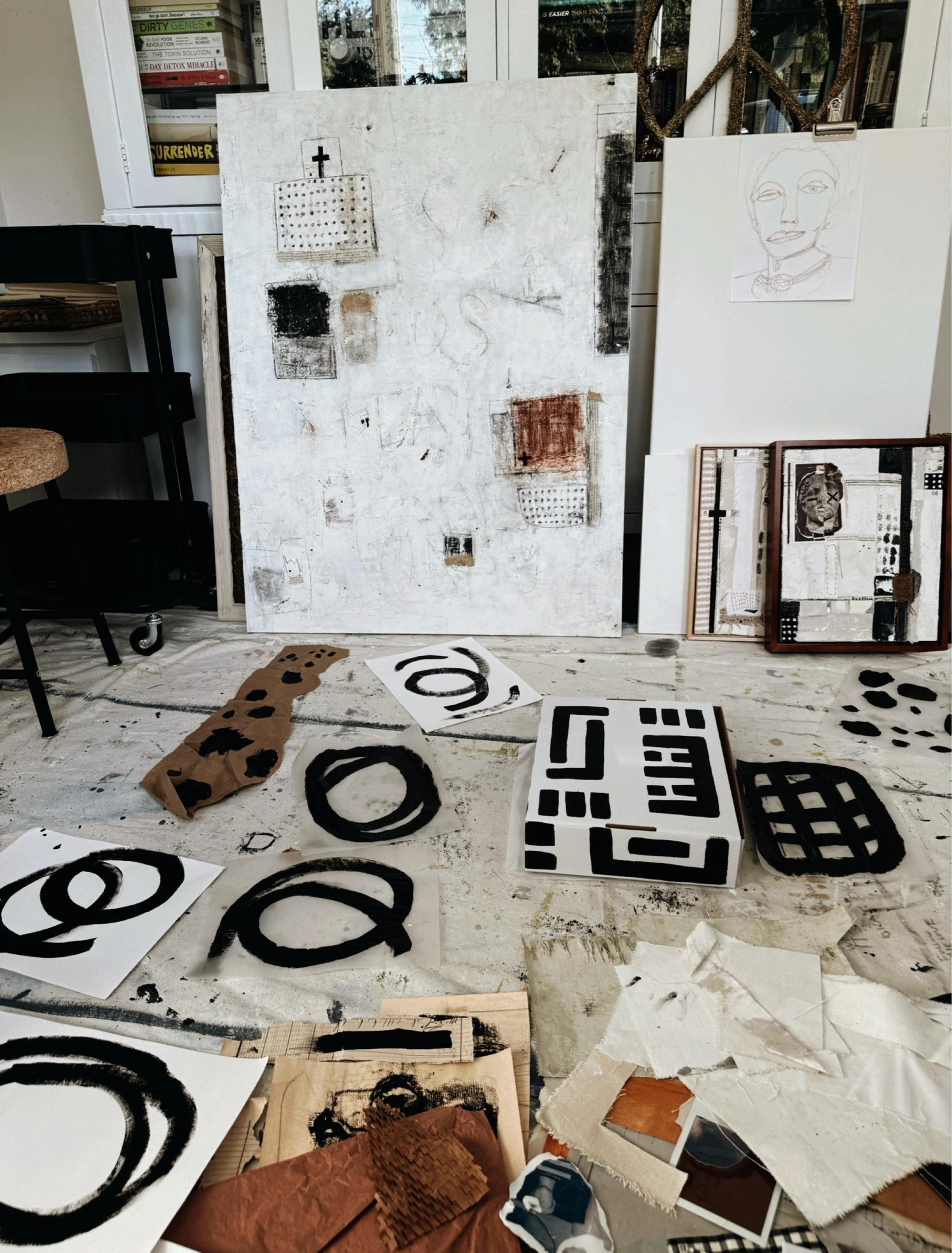 from the home studio of abstract artist michel van devender. collage art.