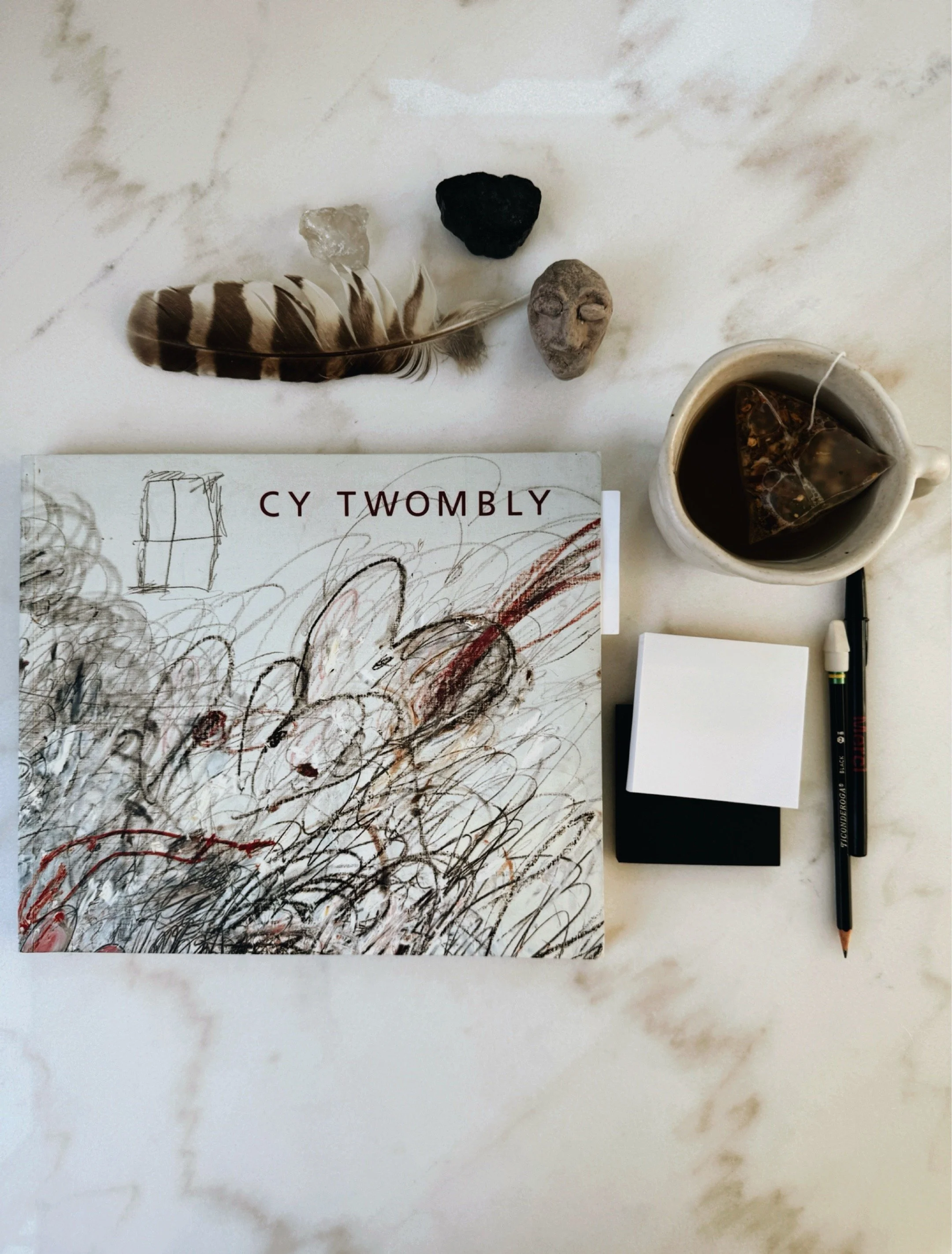 Cy Twombly: A Retrospective art book displayed in a modern black and white interior.
