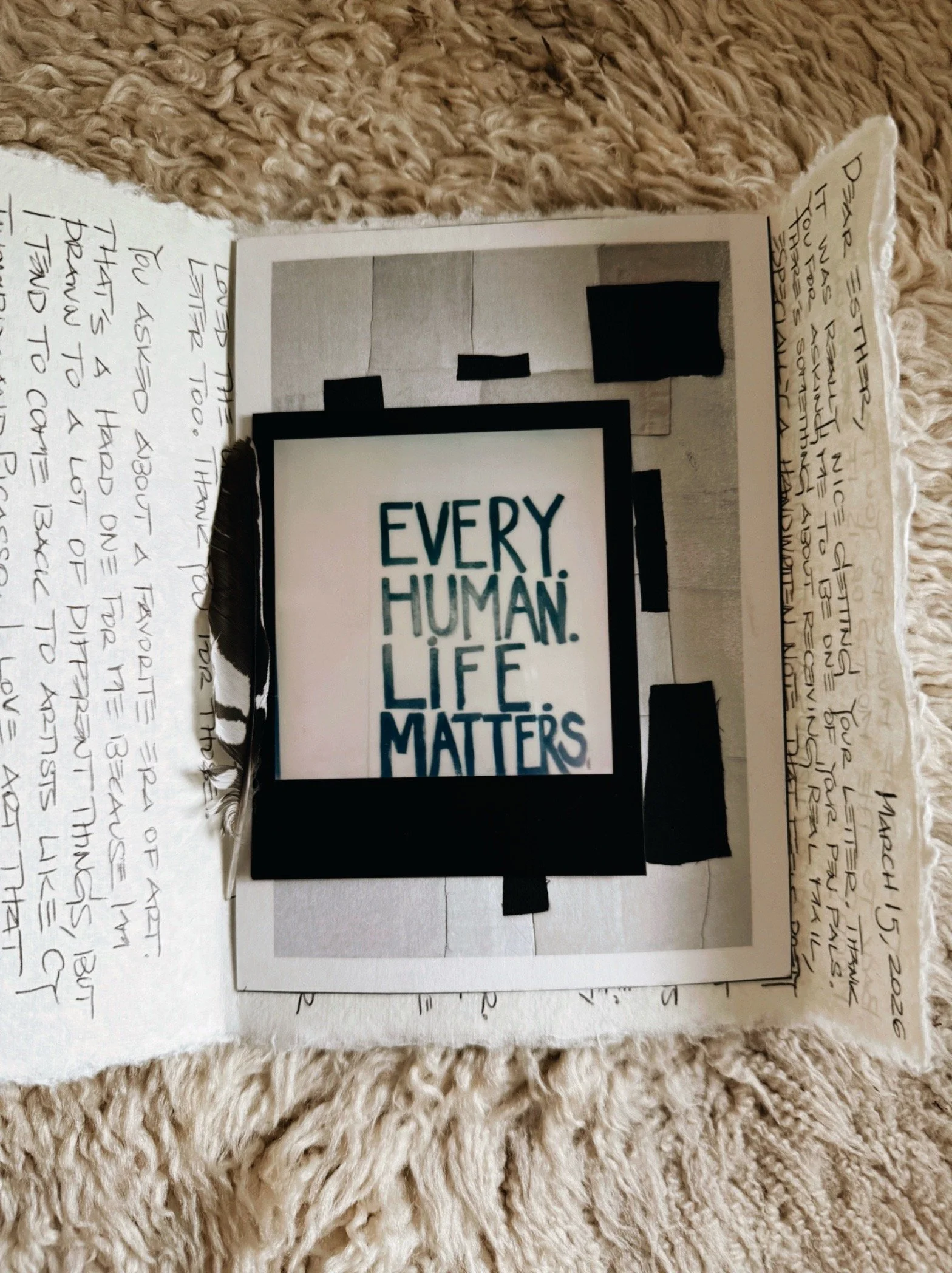 a pen pal letter with small pieces of art by michel van devender.