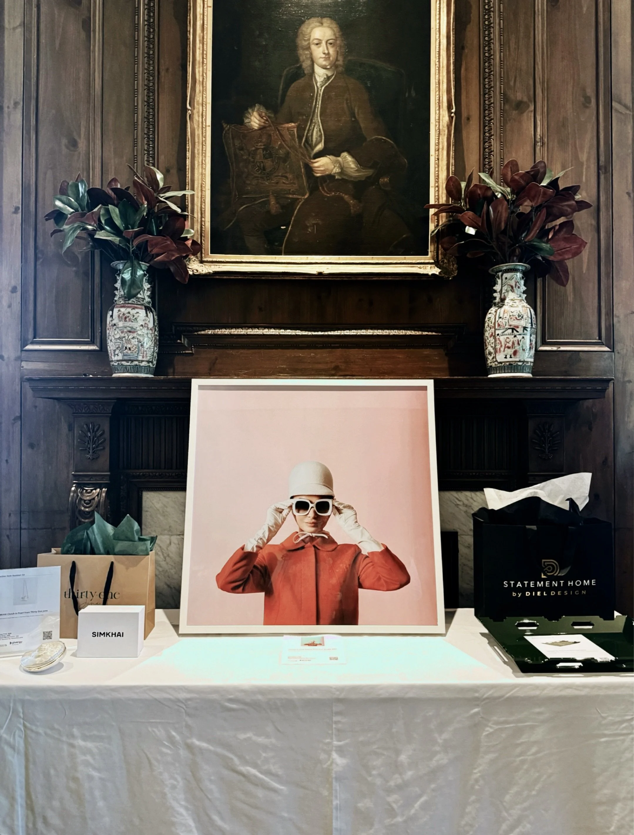 juxtaposed art, vintage along side modern, from the Mint Museum Auxiliary Spring Symposium silent auction at the Charlotte Country Club in Charlotte, NC.