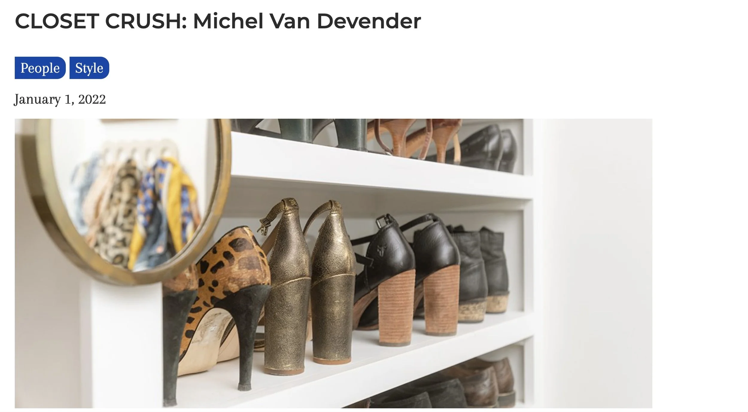 White shoe shelf with various high-heeled shoes in black, gold, and animal print, with a round mirror reflecting scarves hanging on a rack.