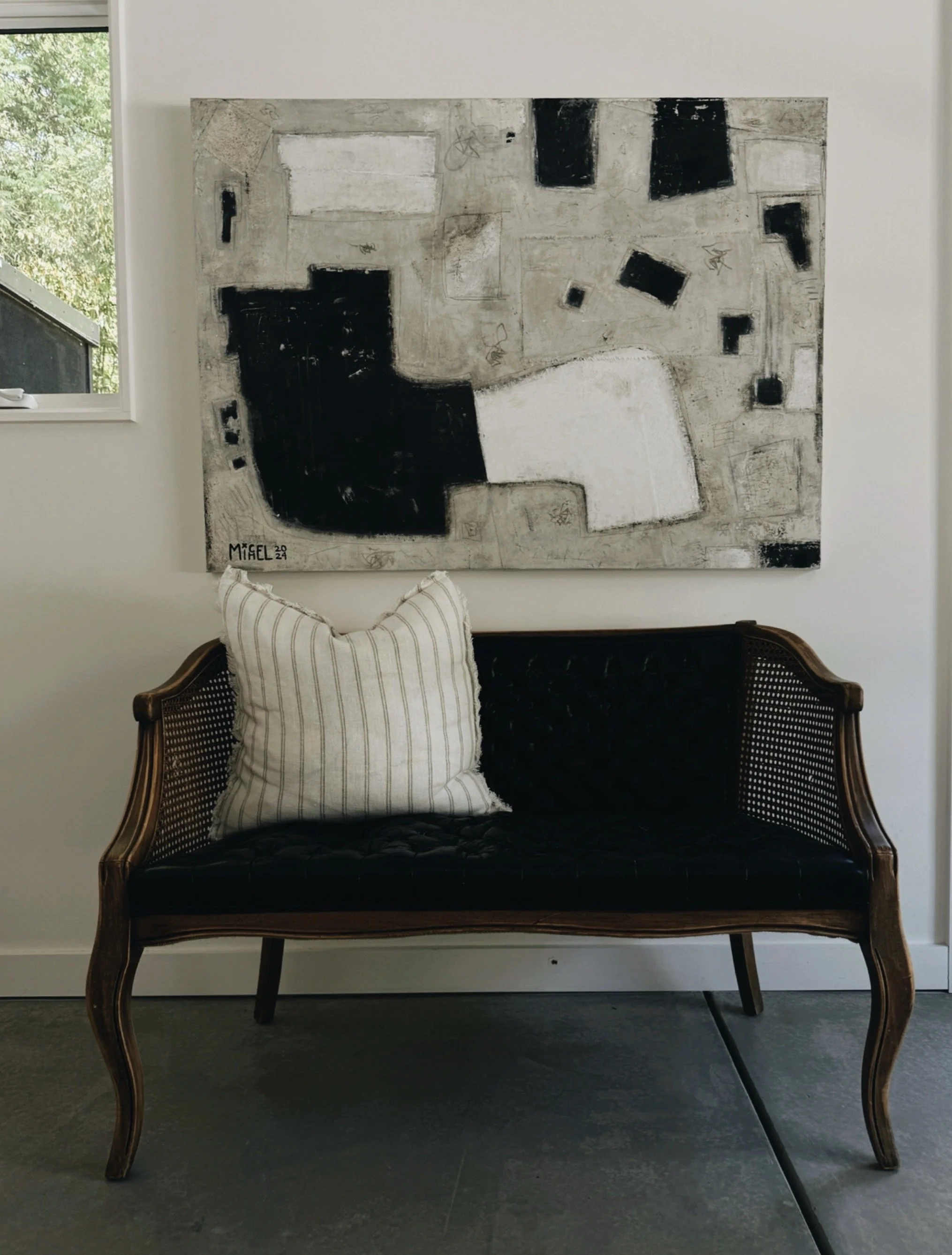 black and white contemporary abstract art by michel van devender in her charlotte nc home