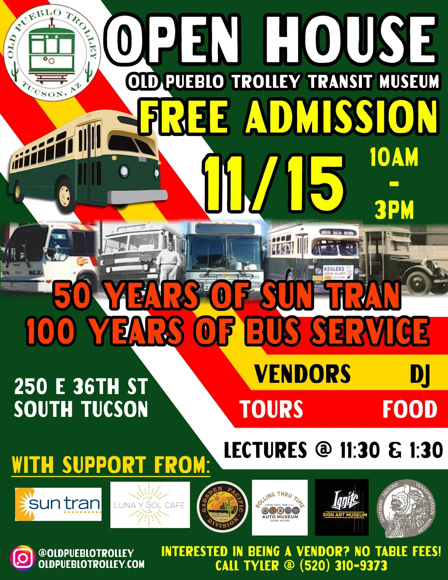 SAVE THE DATE: SATURDAY, 11/15 10am-3pm @ 250 E 36th St It's our open house! This year's theme: 50 years of Sun Tran, 100 years of bus service! DJ, food trucks, vendors and more! Come see what we've been working on! 

#Tucson #southtucson #OPTrolley 