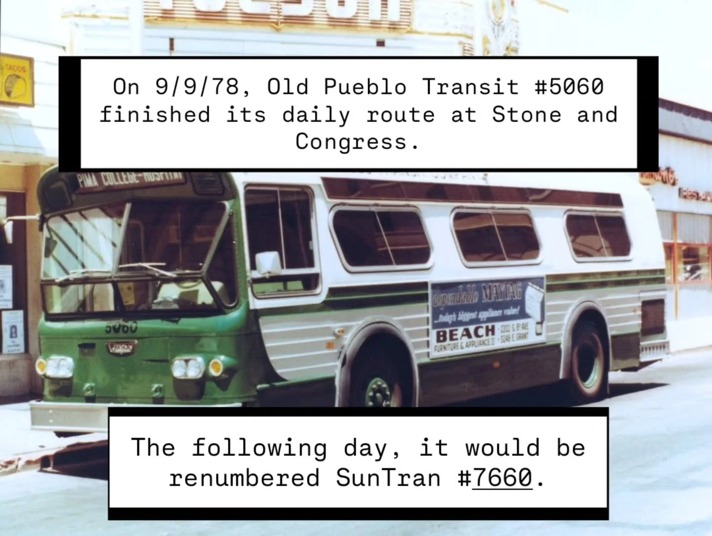 Here's a piece of lore about one of our exhibits. This is the last bus in private operation in Tucson. Over the following days, it was repainted in SunTran colors and put back in service. Come see for yourself at our free museum!

#oldpueblotrolley #