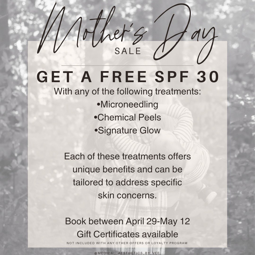 🌸Give Mom the gift of glowing skin this Mother's Day with an added bonus gift!

Get a FREE SPF 30 with any of the following treatments.

Microneedling, Chemical Peels, and our Signature Glow are all popular skin rejuvenation treatments that aim to i