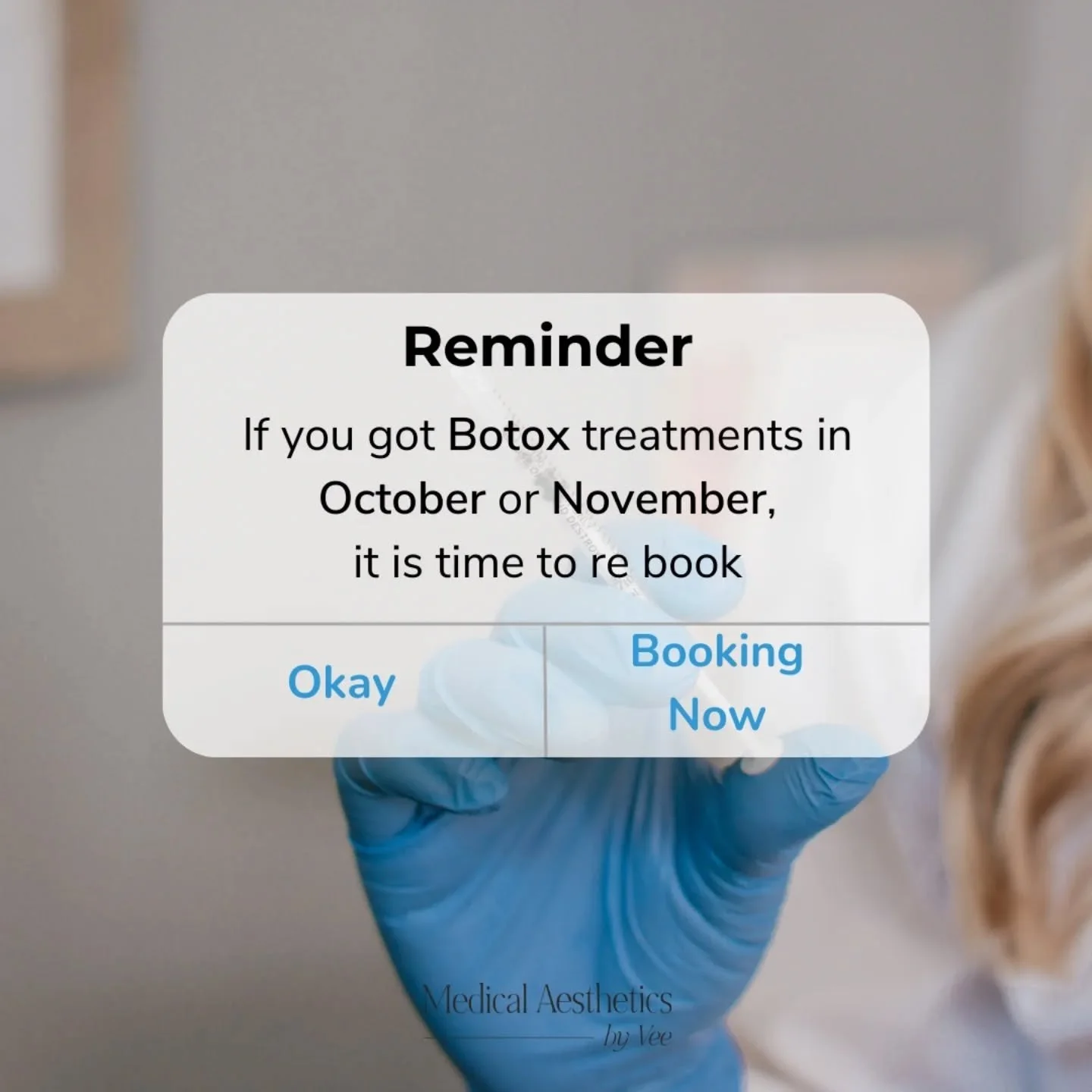 ✨ Time to Refresh Your Glow! ✨

If you received Botox injections in October or November, it&rsquo;s likely time for your next treatment to keep those smooth, youthful results going strong 💉

Let&rsquo;s keep you looking and feeling your best&mdash;c