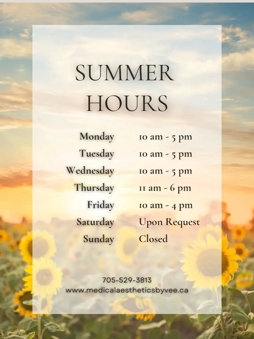 ☀️ Summer Hours Are Here! ☀️

Effective June 1, 2026

We&rsquo;re switching things up for the sunny season! Make sure to check our new schedule and book your favorite treatments. 

🌸 Summer Hours:

Monday: 10am &ndash; 5pm

Tuesday: 10am &ndash; 5pm