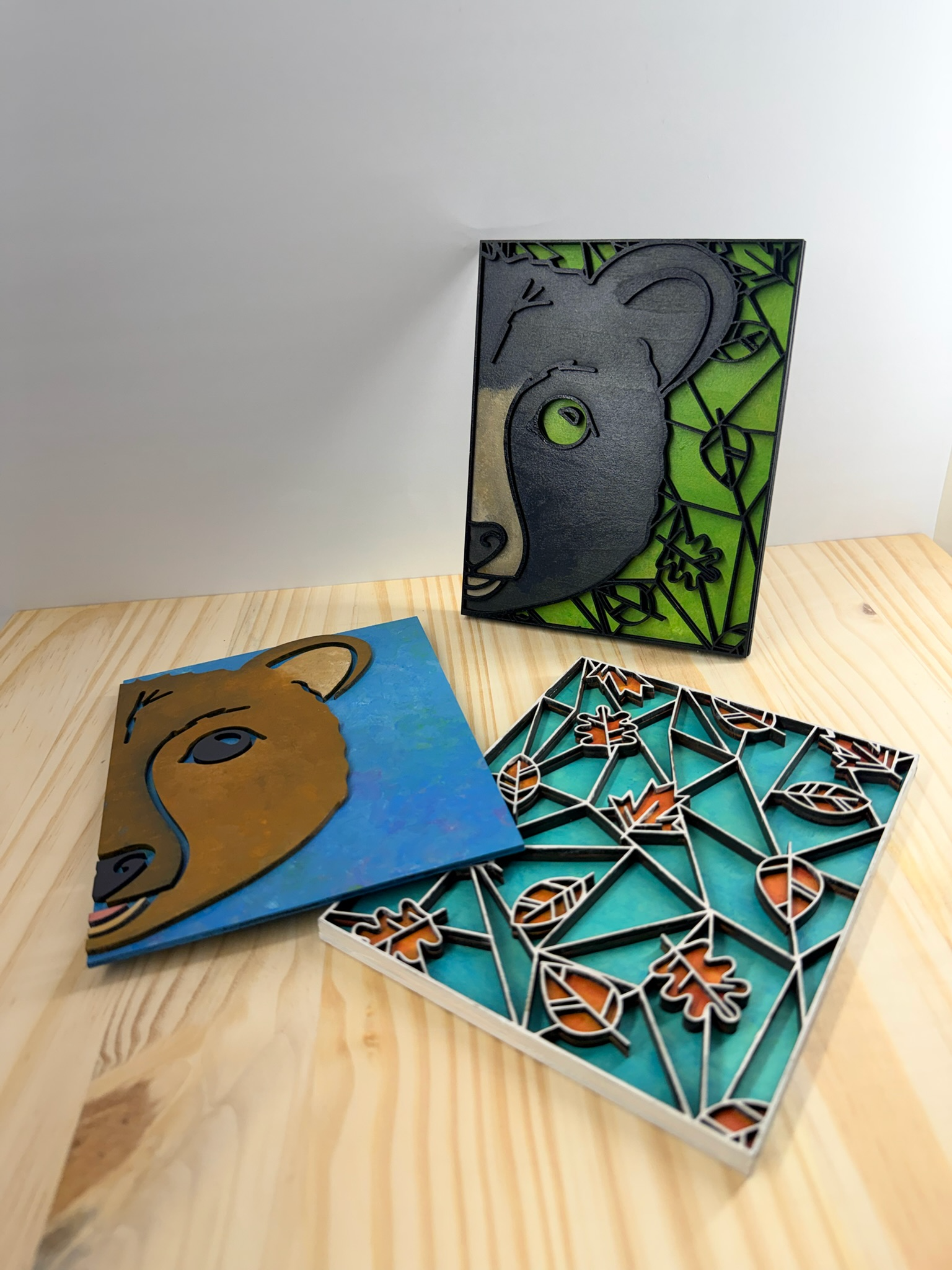 "Autumn Leaves, Bear in Blue & Bear in Green" | 5.5" x 7" pieces