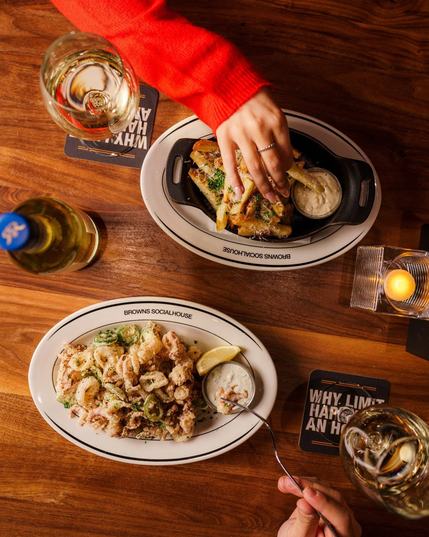 What's on your table?

Best Fresh Cut Fries: Hand cut &amp; double cooked, aged padano, garlic aioli.

Crispy Calamari: Jalape&ntilde;o, tartar sauce, lemon.

Teriyaki Salmon Bowl: Housemade teriyaki, wok fired vegetables, coconut cashew rice, toaste